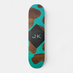 Monogram Cow Brown and Teal Print Skateboard