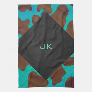 Monogram Cow Brown and Teal Print Tea Towel