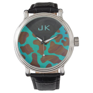 Monogram Cow Brown and Teal Print Watch