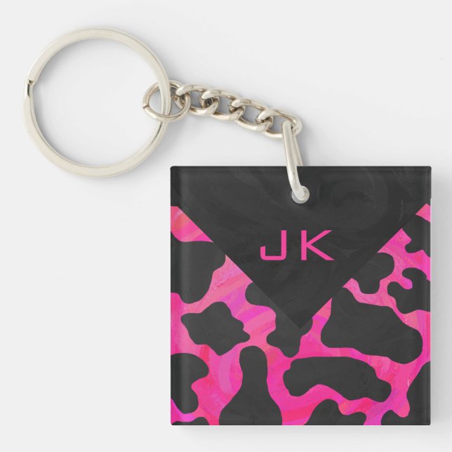 Monogram Cow Hot Pink and Black Print Key Ring (Front)