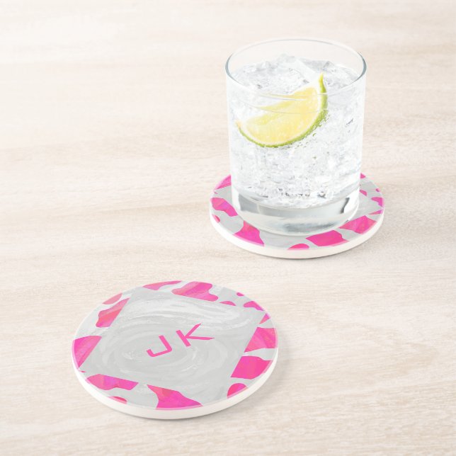 Monogram Cow Hot Pink and White Print Coaster (Side)