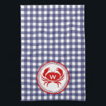 Monogram Crab & Blue Gingham Kitchen Towel<br><div class="desc">A kitchen towel featuring a blue gingham design.  Personalise with your monogram over red crab illustration.</div>