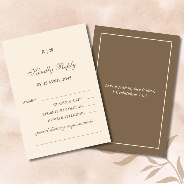 Monogram Cream Brown Christian Wedding RSVP Card  (Creator Uploaded)