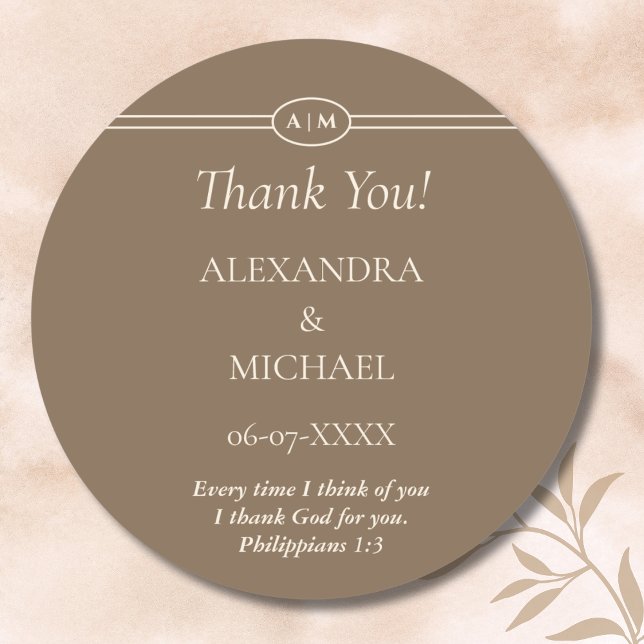 Monogram Cream Brown Christian Wedding Thank You Classic Round Sticker (Creator Uploaded)