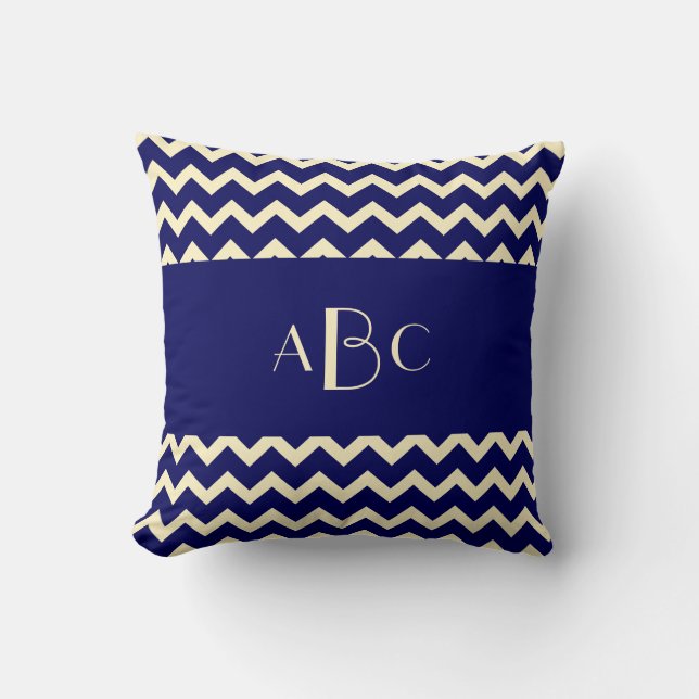 Monogram, Cream & Navy Blue Chevron Cushion (Front)