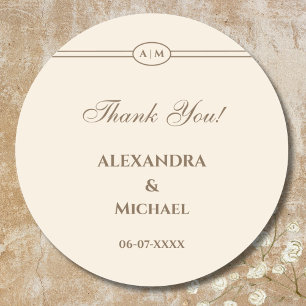 Monogram Cream Taupe Wedding Thank You Classic Round Sticker