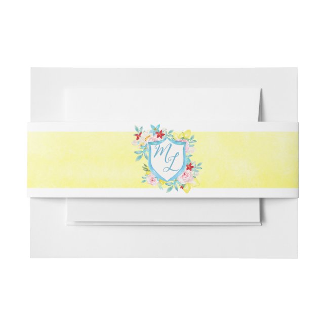Monogram Crest Amalfi Coast Italian Lemons Wedding Invitation Belly Band (Front Example)