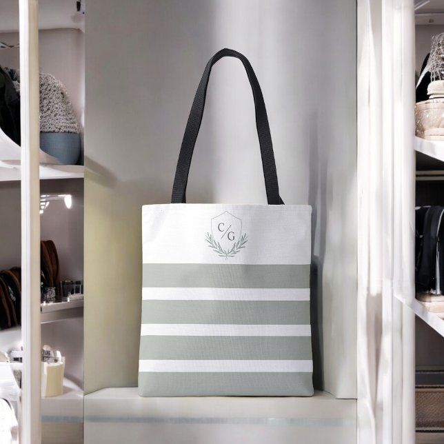Monogram Crest and Sage Green Stripes Tote Bag (Creator Uploaded)