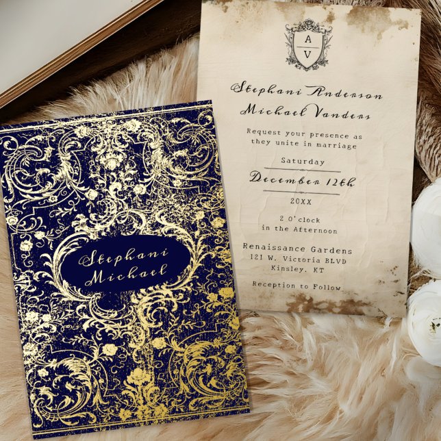 Monogram Crest Antique Scrolled Navy Blue Wedding (A Gold Foil Wedding Invitation with with scrolled Floral Design and a Antique Vintage look)