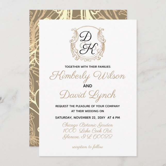 Monogram Crest Black and Gold Vintage Wedding Invitation (Front/Back)