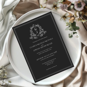 Monogram Crest Black and White Minimalist  Wedding Invitation