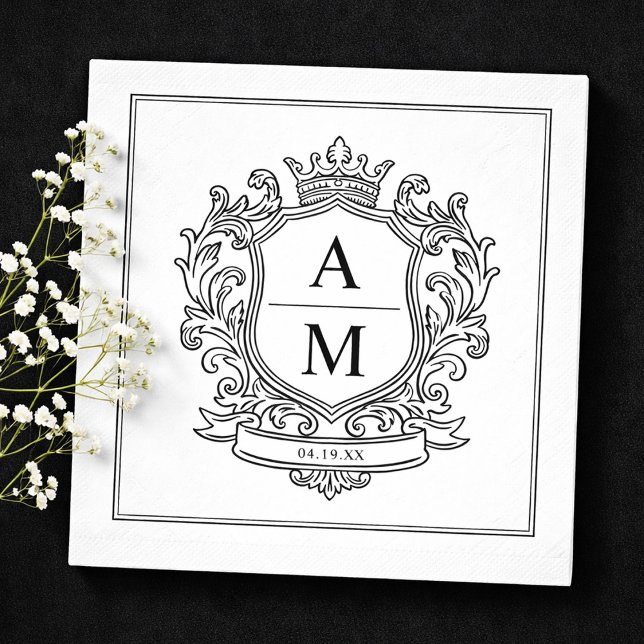 Monogram Crest Black and White Paper Wedding Napkin (Monogram Crest Black and White Paper Wedding Napkins)