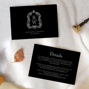 Monogram Crest Black and White Wedding Details Enclosure Card