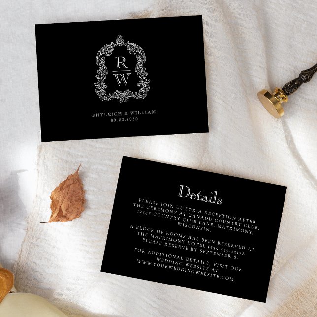 Monogram Crest Black and White Wedding Details Enclosure Card (Creator Uploaded)
