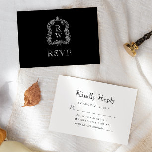Monogram Crest Black and White Wedding RSVP Card