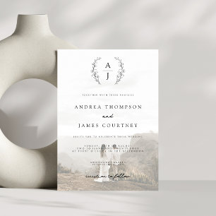Monogram Crest Black White Photo Overlay Wedding Invitation