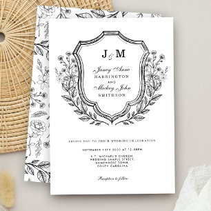 Monogram Crest Black White Wedding Invitation