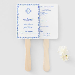 Monogram Crest Blue Chinoiserie Wedding Program Hand Fan