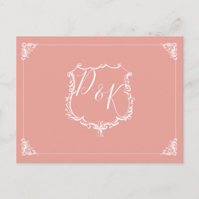 Monogram Crest Blush Wedding rsvp Postcard (Front)