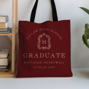 Monogram Crest Burgundy Rose Graduation Tote Bag