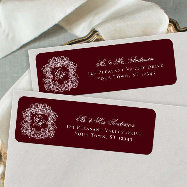 Monogram Crest Burgundy Wedding Return Address (Creator Uploaded)