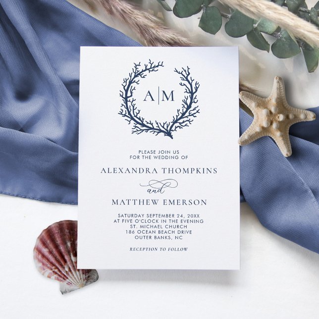 Monogram Crest Coral Beach Wedding Invitation (Creator Uploaded)