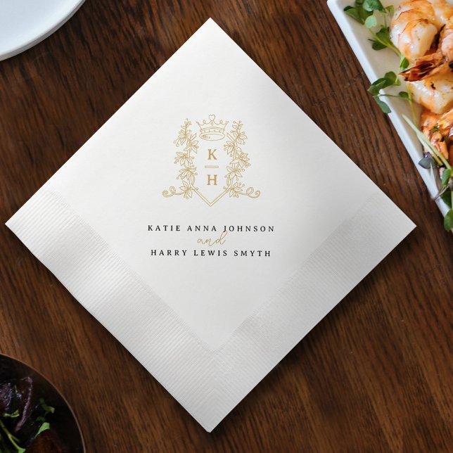 Monogram crest crown white gold black wedding  napkin (Creator Uploaded)