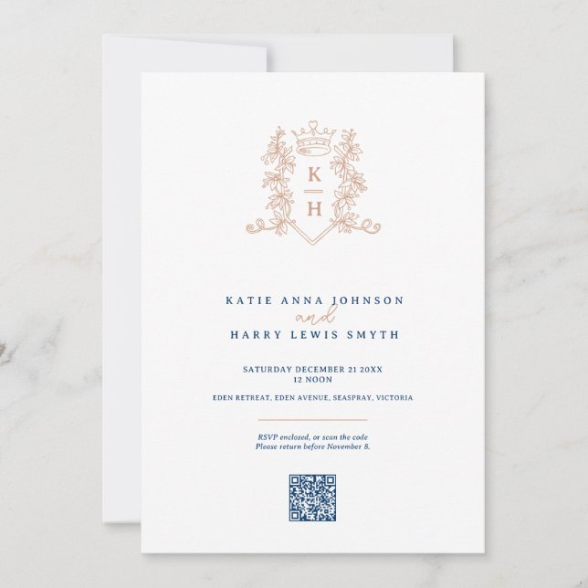 Monogram crest crown white rose gold QR wedding  Invitation (Front)