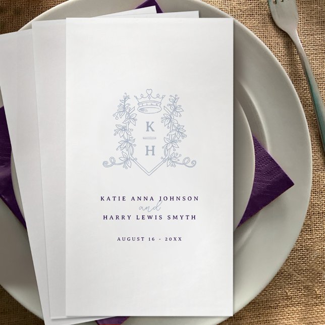 Monogram crest crown white silver purple wedding  napkin (Creator Uploaded)