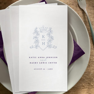 Monogram crest crown white silver purple wedding napkin