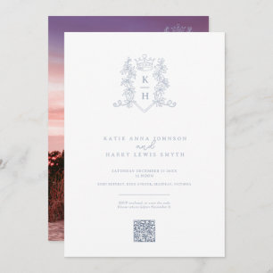 Monogram crest crown white silver wedding QR code Invitation