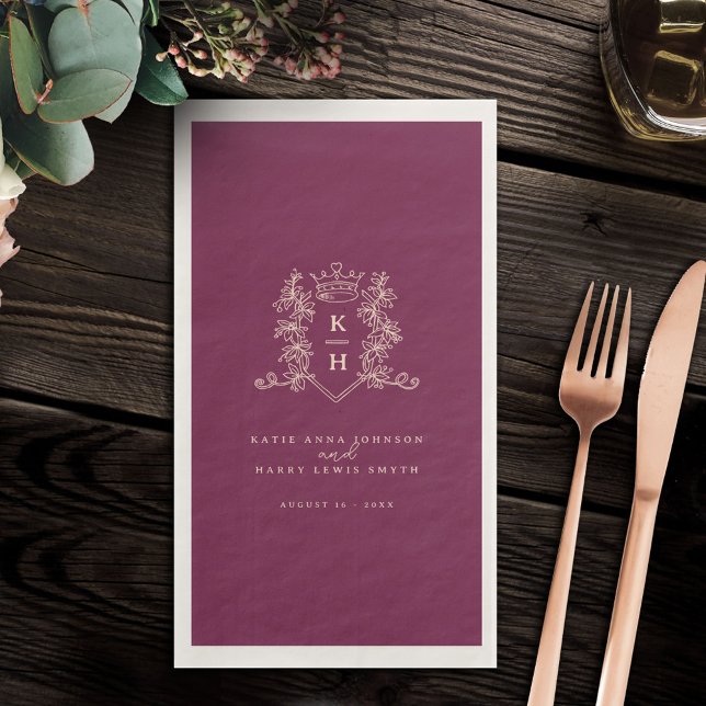 Monogram crest crown wine red peach wedding  napkin (Creator Uploaded)