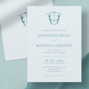 Monogram Crest Customisable Pale Blue Wedding Invitation