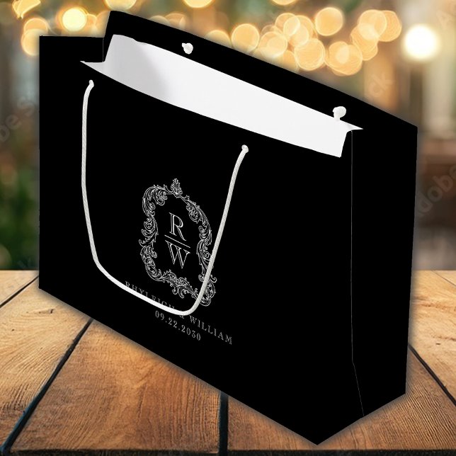 Monogram Crest Dusty Black and White Wedding Large Gift Bag (Creator Uploaded)