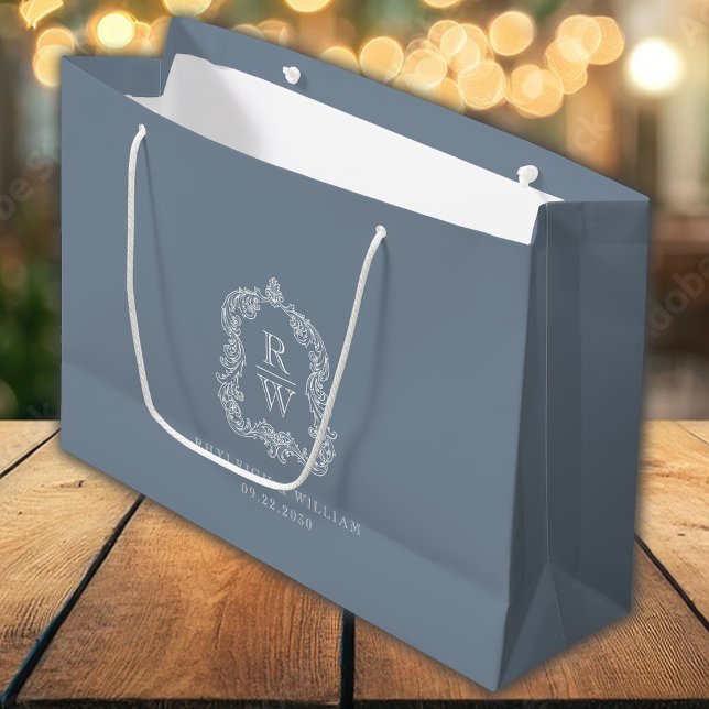 Monogram Crest Dusty Blue Wedding Large Gift Bag (Creator Uploaded)