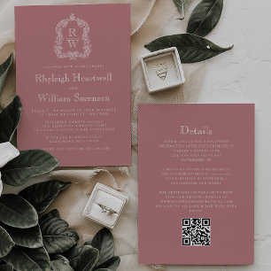 Monogram Crest Dusty Rose QR Code Wedding Invitation
