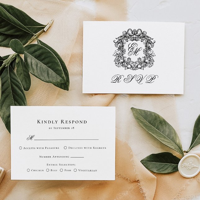 Monogram Crest Elegant Menu Wedding RSVP Card (Creator Uploaded)