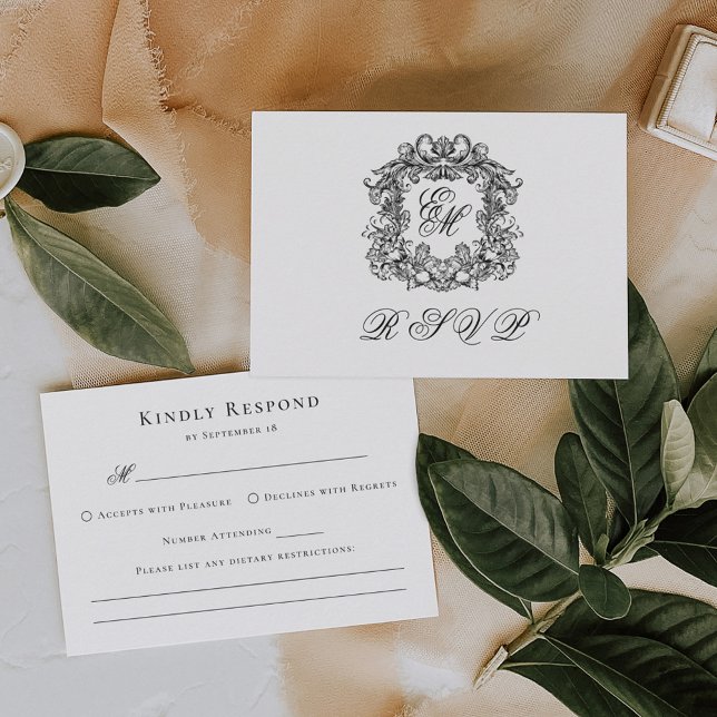 Monogram Crest Elegant Wedding Dietary Options RSVP Card (Creator Uploaded)