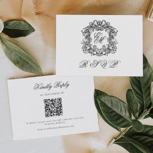 Monogram Crest Elegant Wedding QR Code RSVP Card