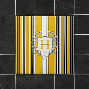Monogram Crest Elegant Yellow Stripe Family Name Tile