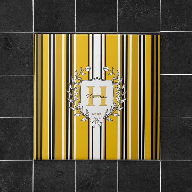 Monogram Crest Elegant Yellow Stripe Family Name Tile (Creator Uploaded)