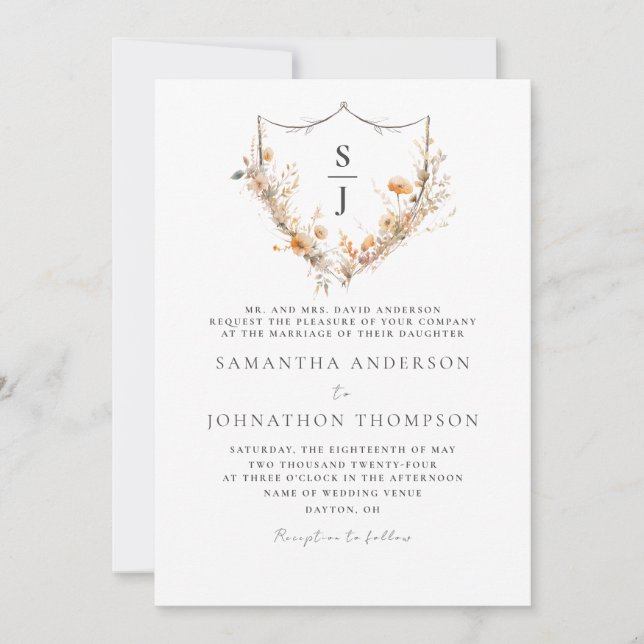 Monogram Crest Floral Wedding Invitation (Front)