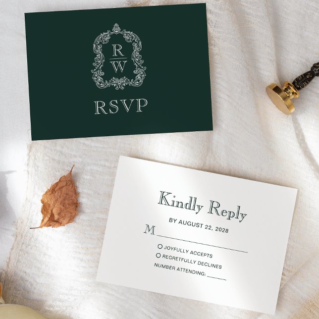 Monogram Crest Forest Green Wedding RSVP Card (Creator Uploaded)
