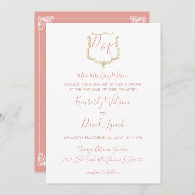 Monogram Crest Gold blush Wedding Invitation (Front/Back)