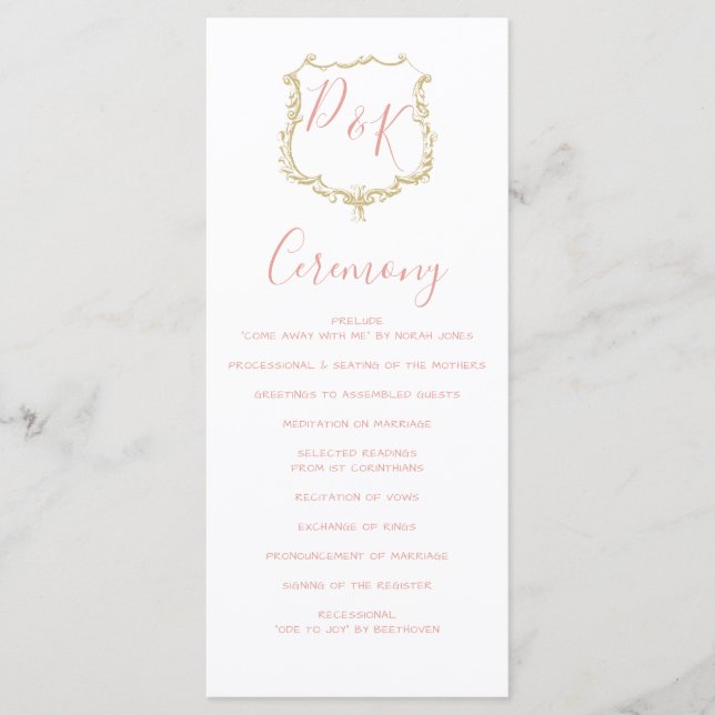 Monogram Crest Gold Blush Wedding programs Programme (Front)