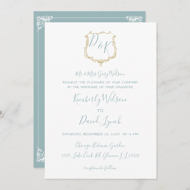 Monogram Crest Gold Dusty blue Wedding Invitation (Front/Back)