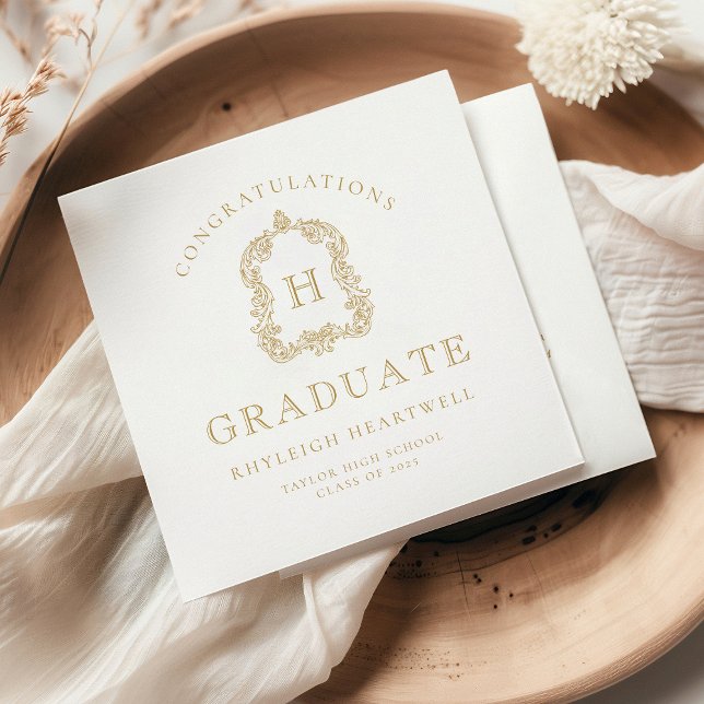 Monogram Crest Gold White Graduation Party Napkin (Creator Uploaded)