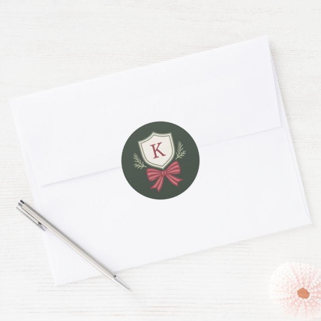 Monogram Crest Green Red Christmas Envelope Seals (Envelope)