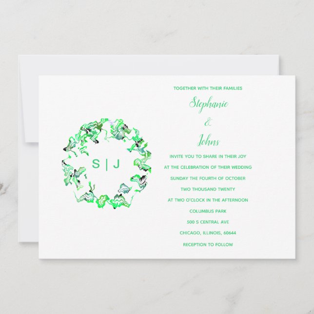 Monogram Crest Green White Simple Boho Wedding Invitation (Front)