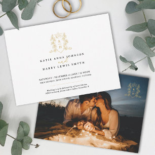 Monogram crest heart crown white gold wedding invitation